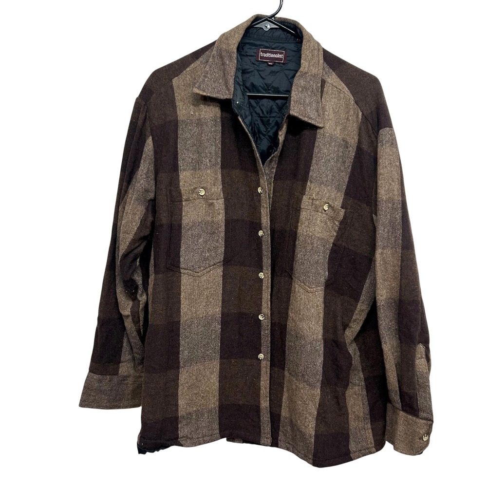 Vintage Wool Blend Plaid Puffer Jacket XL Brown Tan Button Front‎ Lined Coat